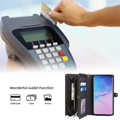 Vista 6 de Asuwish Funda de teléfono para Samsung Galaxy S10 con cremallera, funda desmontable con protector de pantalla de vidrio templado y tarjetero