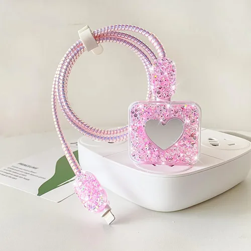 Vista 6 de Protector de cable compatible con cargador de iPhone de Apple con espejo, bonito diseño de corazón de amor con purpurina, funda USB de línea