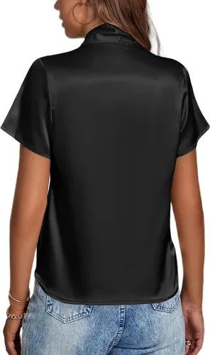 Vista 2 de LYANER Blusa elegante de satén con cuello en V y manga corta para mujer