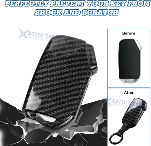 Vista 6 de x xotic tech Funda de llave con patrón de fibra de carbono negro brillante en ABS con cubierta de botón de silicona negra, compatible con KIA K3 4
