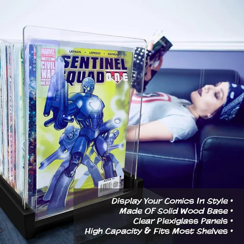 Vista 5 de Soporte de almacenamiento patentado para cómics, caja de exhibición de madera y acrílico para coleccionistas, organizador para cómics, revistas