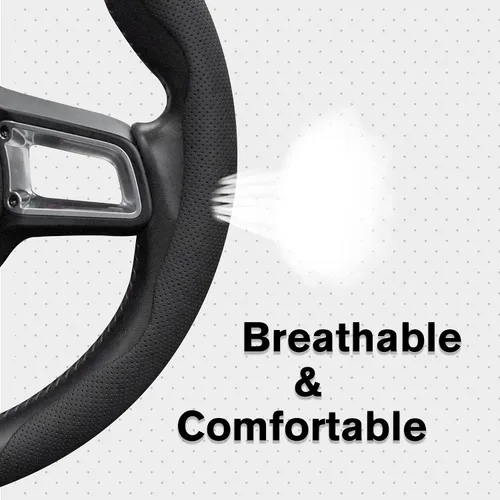 Vista 4 de Amiss Funda de cuero de napa para volante, 2 protectores de rueda segmentados, funda universal para volante de automóvil del 99% (negro)