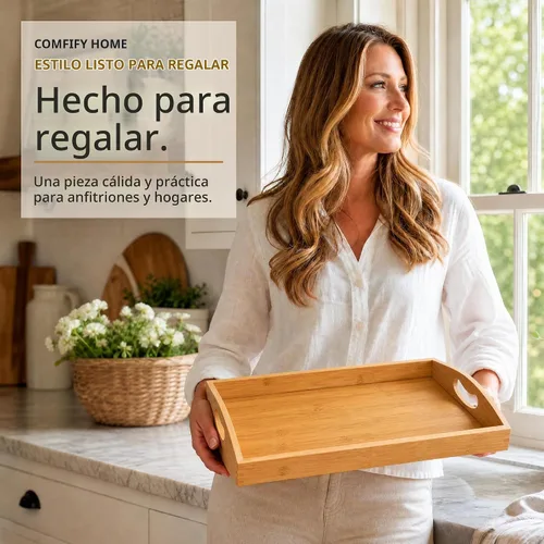 Vista 3 de Comfify Bandejas de bambú para servir, juego de 3 bandejas otomanas para alimentos, entretenimiento y decoración, diseño minimalista