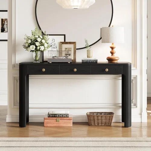 Vista 29 de 50" Modern Art Sculptural Console Table, Oval Cutout Legs, Wood Veneer, Thick Rounded Tabletop, Contemporary Entryway Sofa Table for Living Room