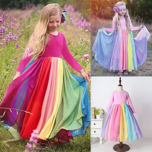 Vista 7 de Vestido de princesa para niños y niñas de 1 a 5 años de edad con empalme de arcoíris