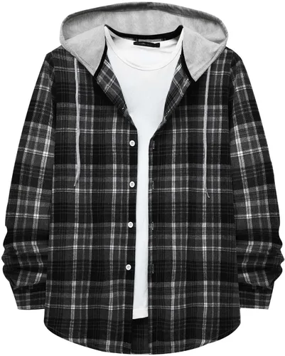 Vista 19 de Aymnlox Sudaderas con capucha para hombre, de manga larga, a cuadros, con botones, con capucha, casual, elegante, con cordón, 2024 #A01-Red