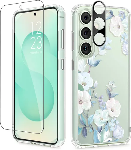 Vista 63 de GVIEWIN Funda protectora para Samsung Galaxy S25, transparente floral, delgada, a prueba de golpes, para mujer, no se pone amarilla, con protector