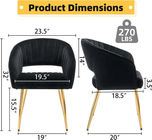 Vista 2 de ABET Juego de 2 sillas de comedor de terciopelo, rayas modernas con patas doradas, color negro