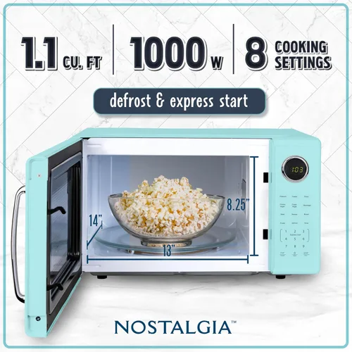 Vista 60 de Nostalgia Horno microondas retro compacto para encimera, 0.7 pies cúbicos, 700 vatios con pantalla digital LED, bloqueo para niños, interior fácil