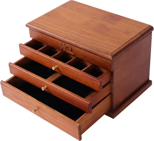 Vista 4 de CNCEST Joyero de madera para mujer con espejo estuche organizador de joyas rectangular de 4 capas para almacenamiento de collares anillos aretes