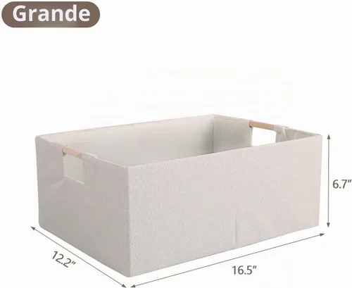 Vista 4 de Caja de Almacenamiento de Tela Plegable Cesta de Algodón y Lino con Asas de Madera, Cubo Rectangular Decorativo, Organizador de Lavandería