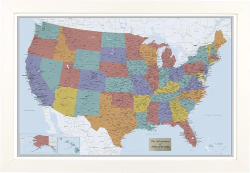 Vista 52 de Push Pin Travel Maps Lienzo personalizado Blue Oceans USA con marco gris de madera de granero