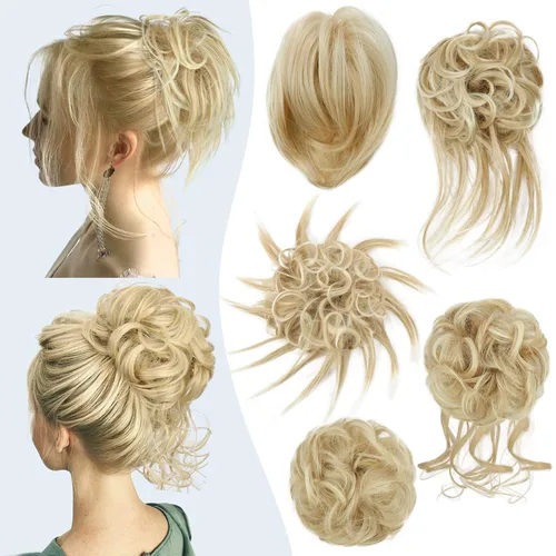 Vista 5 de HMD 5 piezas de moño despeinado para mujer, extensión de cabello con banda de goma elástica, extensión de cabello largo y desordenado, accesorios
