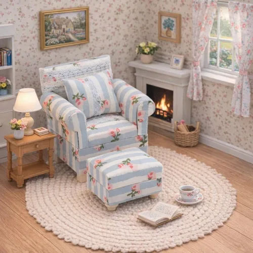Vista 2 de Sofá de casa de muñecas con otomana, sillón en miniatura, muebles de sala de estar, accesorios para muñecas de 6 pulgadas, escala 1/12, azul