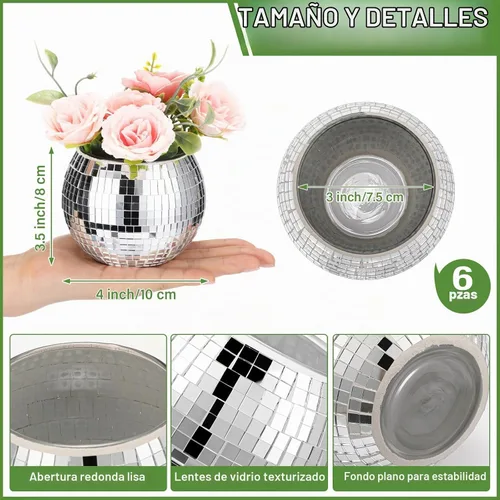 Vista 2 de Jinei - 12 jarrones de bola de discoteca con espejo plateado para flores de Cuencos de flores de vidrio a granel, decoración de mesa de centro