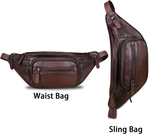 Vista 2 de Riñonera de cuero genuino Riñonera de cuero de vaca casual senderismo Sling Bag Crossbody Pecho Bolsas hombro Daypack, Café, Vintage