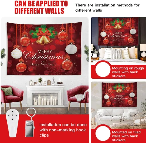 Vista 6 de OTOSTAR Tapiz de Navidad con diseño de bola de Navidad, Feliz Navidad y Feliz Año Nuevo, tapiz para colgar en la pared, adornos de Navidad, adornos