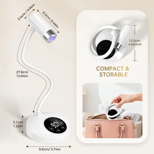 Vista 9 de AORAEM Lámpara de uñas LED UV, lámpara recargable de cuello de cisne para uñas de gel, 12 W, secado rápido, luz LED de uñas, secadora de belleza