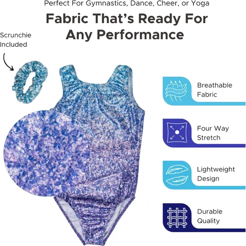 Vista 3 de Destira Leotardo de gimnasia de lavanda con purpurina y brillo, tela holográfica brillante en azul y lavanda, coletero a juego incluido
