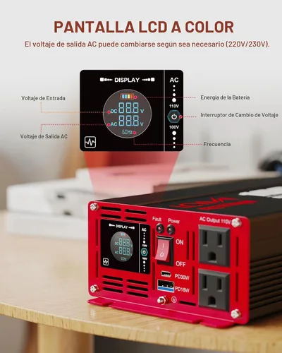Vista 5 de Inversor de potencia de onda sinusoidal pura de 1000 vatios 12 V CC a 110 V 120 V CA convertidor para hogar, caravana, camión fuera de la red Rojo