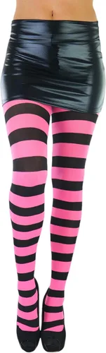 Vista 6 de ToBeInStyle Medias de contraste de rayas horizontales anchas para mujer, medias opacas Negro y rosa muñeca