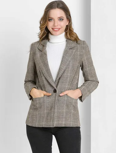 Vista 3 de Allegra K Chaqueta tipo blazer de pata de gallo con solapa y muescas a cuadros para mujer