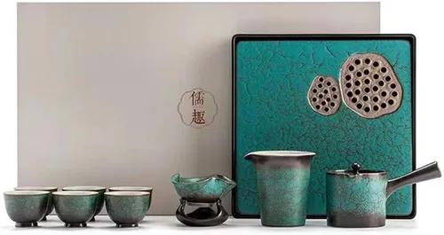 Vista 8 de Juego de té esmeralda, juego de té chino de kung fu, caja de regalo adecuada para cumpleaños, Halloween, Navidad (bosque de jade)