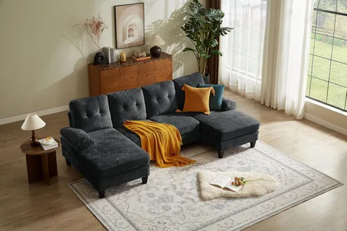 Vista 15 de Sofá modular de 105 pulgadas para sala de estar, sofá en forma de U de 4 plazas con doble diván de fibra de lino de poliéster, color azul Gris claro