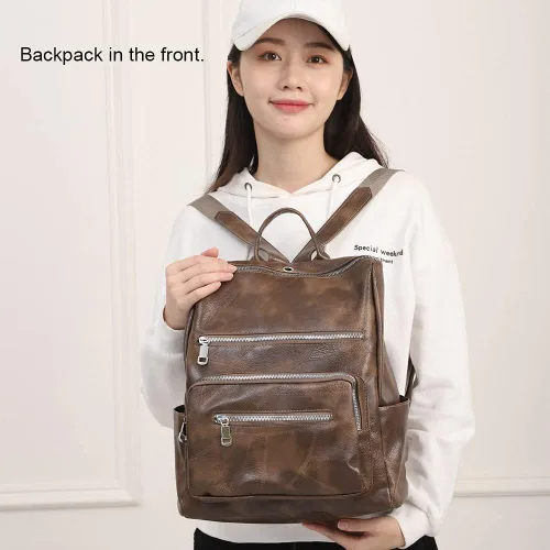 Vista 4 de Mochila para mujer, bolso de viaje de moda multiusos de cuero de la PU retro, Mochilas Daypack, M, Marrón