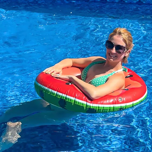 Vista 4 de Juego de 3 flotadores de piscina para adultos, unicornio + flamenco + sandía, flotadores inflables de playa para adultos, niños de 8 a 12 años