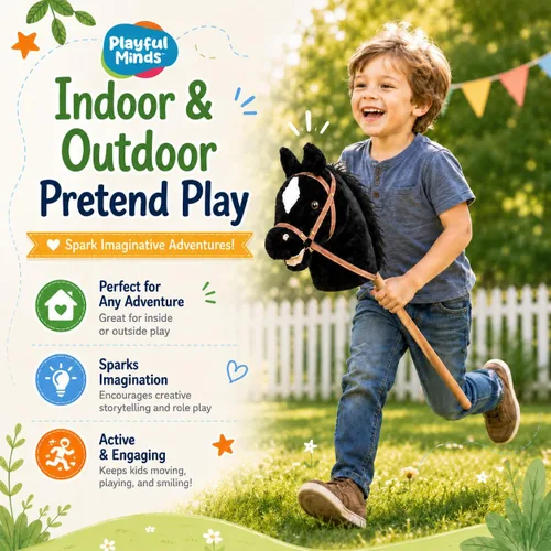 Vista 3 de Nature Bound Caballo de palo Caballo en un palo con efectos de sonido – Poni de peluche hecho a mano para niños pequeños y niños Mango de madera