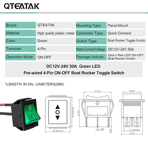 Vista 2 de KCD4 2Pcs DC 12V-24V 30A DPST interruptor basculante precableado de 4 pines y 2 posiciones ON/Off para barco con luz LED verde (Solo para DC12-24V)