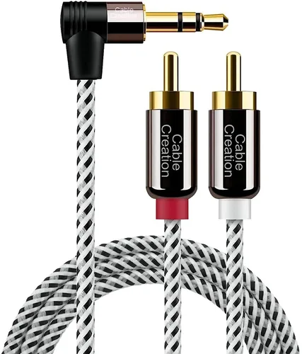 Vista 8 de CableCreation Cable de audio de 3,5 mm a RCA, ángulo de 3,5 mm macho a 2RCA macho estéreo auxiliar audio divisor en Y chapado en oro para teléfonos