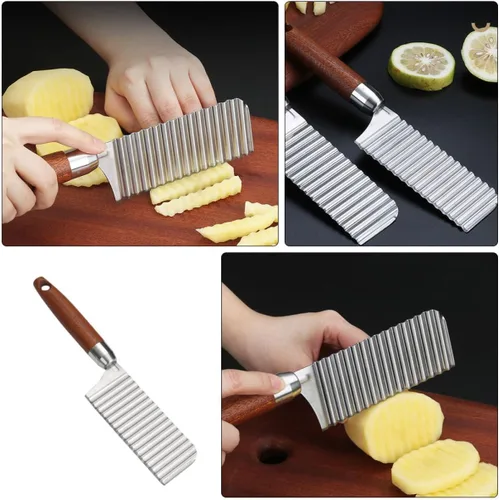 Vista 4 de SHINEOFI Cortador de patatas arrugadas de acero inoxidable, hoja ondulada, picador de papas fritas francesas para verduras, zanahorias y papas