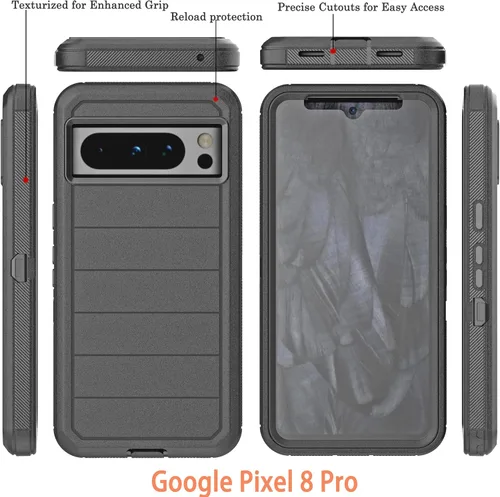 Vista 3 de YmhxcY Funda para Pixel 8 Pro con funda duradera de 3 capas a prueba de caídas/a prueba de golpes, funda de goma sólida para Google Pixel 8 Pro-Negro