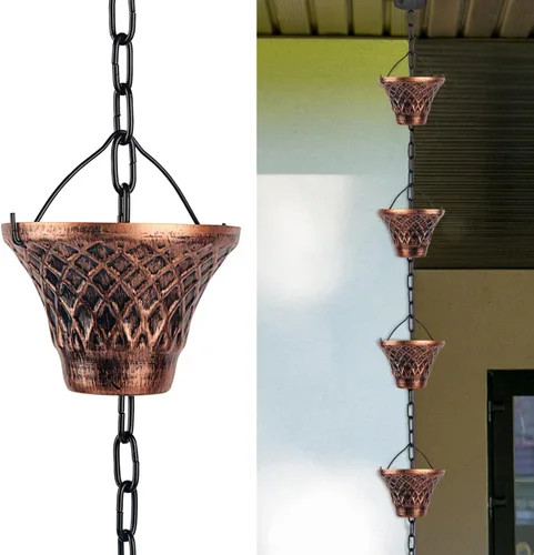 Vista 8 de Cadenas de lluvia para canaletas exteriores, atrapadores de lluvia, desviador de metal azul a cuadros decorativos para exteriores, 8.5 pies