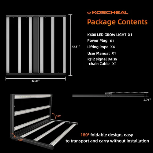 Vista 7 de KOSCHEAL Luz LED plegable K640 de 640 W, lámpara de planta de espectro completo con 2.95 µmol/J y 660nm rojo, controlador y atenuador Inventronics