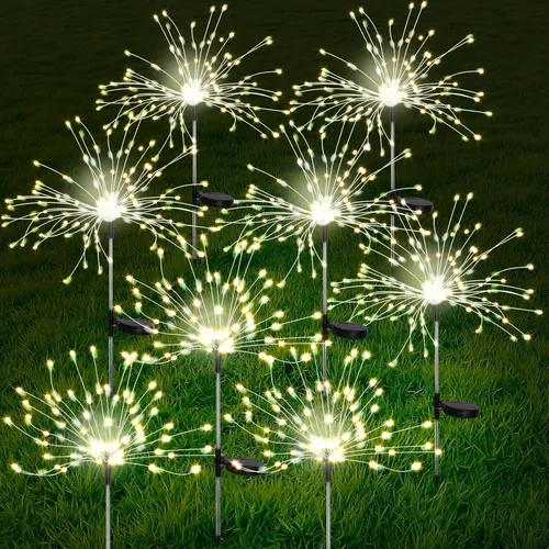 Vista 9 de FOOING 4 luces solares de jardín, luces solares de fuegos artificiales, 480 luces LED solares de cadena de 2 modos de luces solares parpadeantes