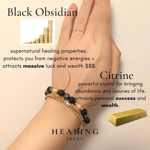 Vista 4 de Confianza curativa Pulsera de citrino, pulsera de hematita de obsidiana negra, joyería de cristal de citrino, pulsera de riqueza de obsidiana negra