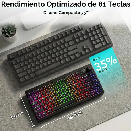 Vista 6 de TECWARE Spectre 75% Teclado mecánico RGB para juegos Pantalla LCD personalizable Modo inalámbrico tri con perilla Montaje con junta Zócalos