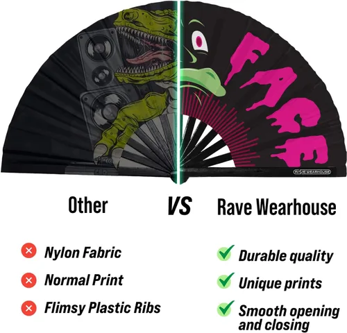Vista 6 de Rave Wearhouse Rave Fan - Ventilador de mano plegable de bambú grande con brillo UV para hombres/mujeres, fanáticos para EDM, festival de música