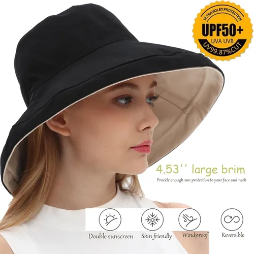 Vista 4 de vidsel Sombreros de sol para mujer, de ala ancha, reversible, de algodón, plegable, de verano, con clip para sombrero, protección UV negro beige