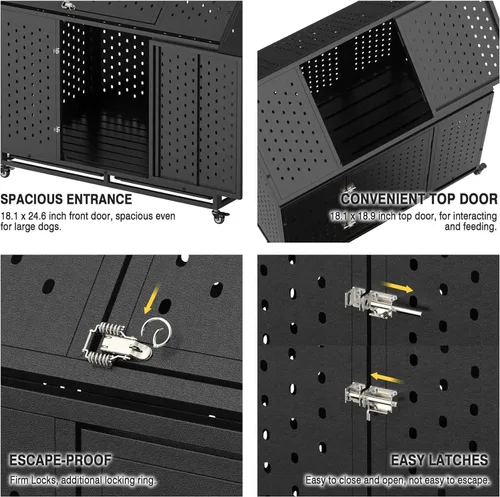 Vista 3 de Jaulas resistentes de 44 pulgadas para perros grandes, jaula indestructible a prueba de escapes con ruedas bloqueables, doble puerta de alta