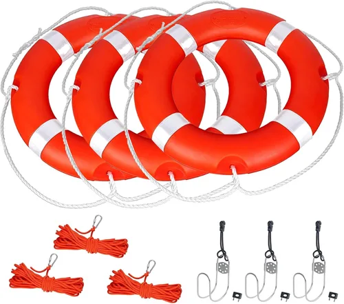 Vista 16 de Anillo salvavidas para la seguridad de la navegación, anillos de seguridad para barcos de 23 y 28 pulgadas con tira reflectante y líneas de agarre
