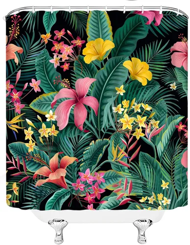 Vista 5 de Cortina de ducha con diseño floral de plantas tropicales, palmeras verdes, hojas de plátano, flores rosas, selva botánica, naturaleza, cortina