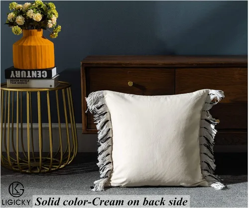 Vista 7 de LIGICKY Fundas de almohada decorativas para el hogar, estilo bohemio, con borlas, cuadradas, de algodón, a rayas, para sofá, dormitorio, sala