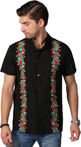 Vista 2 de Camisas mexicanas para hombre, camisas de vestir tradicionales de guayabera para hombre, con botones, cuello de banda, camisa de vestir para fiesta