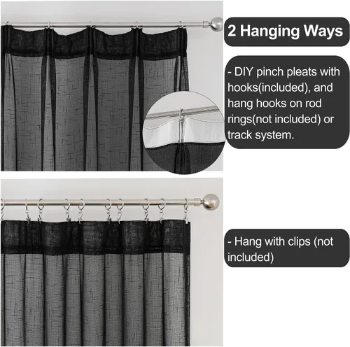 Vista 2 de Cortinas plisadas negras traslúcidas de 84 pulgadas de largo, 2 paneles para dormitorio, lino texturizado, ganchos transparentes para pista