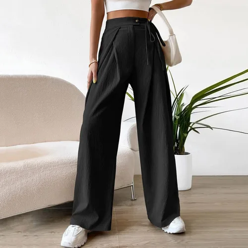 Vista 7 de Wide Leg Trouser Pants for Women Plus Size Casual High Waisted Tie Side Plicated Straight Leg Pants with Pockets
