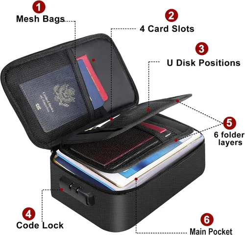 Vista 3 de ENGPOW Pequeño estuche organizador de almacenamiento ignífugo con cerradura (9"x 5.3"x 3.7"), bolsa billetera organizadora de monedas caja fuerte